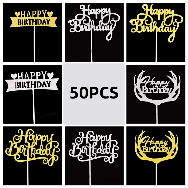 

50PCS Gold Silver Cake Topper Decor Wedding Baby English Happy Birthday Cake Toper Shower Party DIY Accessories Cupcake Toppers