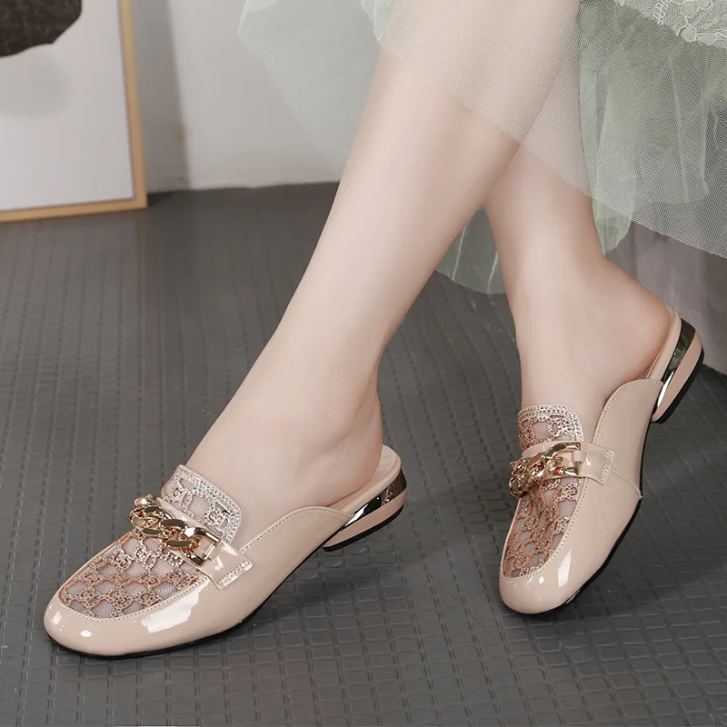 Shackles Decor Rhinestones Summer Slippers Large Sizes Genuine Leather Retro Slides Hollow Wedge Sandals Ladies Outdoor Shoes