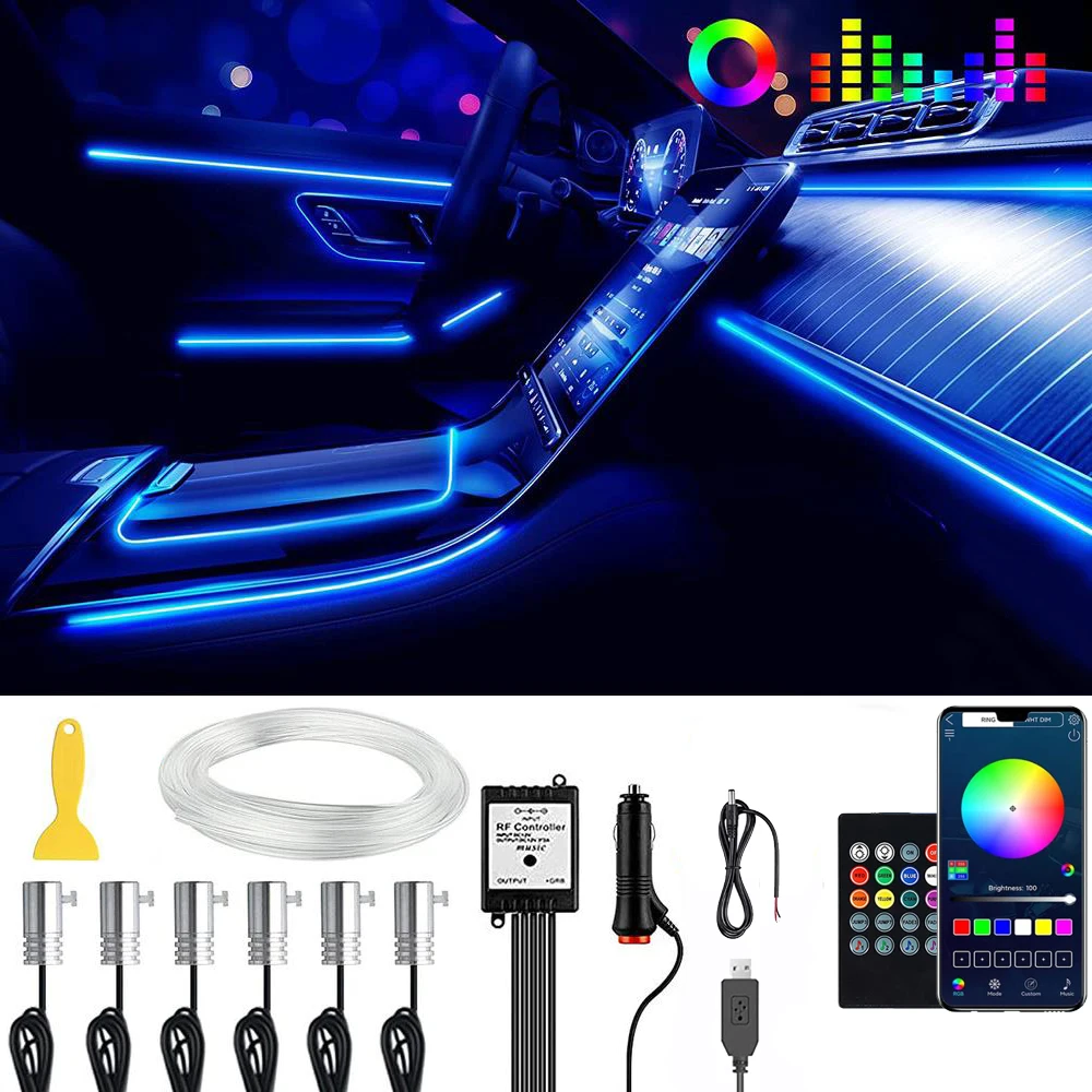 

6IN1 8M Neon LED Strip Car Interior Ambient Light App Music Control RGB Fiber Optic EL Wire LED Auto Atmosphere Decorative Lamp