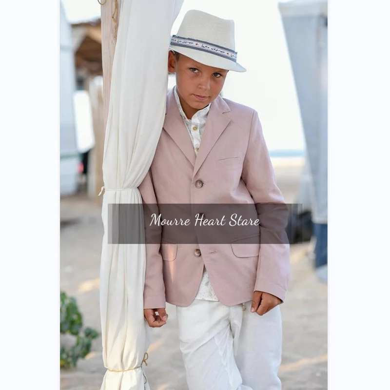 

Pink Linen Boys Suit Set Beach Wedding Prom Blazer Pants Fashion Single Breasted Boy Child Costume Custom