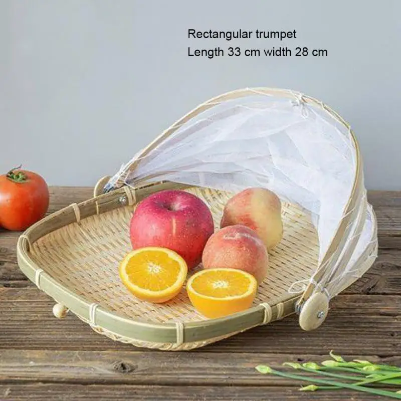 

Hand-Woven Food Basket Tray Bamboo Vegetable Fruit Storage Basket Bread Mosquito Net Cover Home Picnic Kitchen Accessories