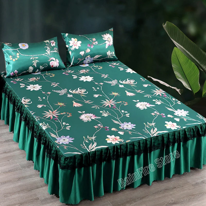 Green Bedding Set Luxury Lace Bed Linen Heighten Bed Skirt Queen Bed Mattress Vivid Printing Double Bed Sheets with Pillowcases