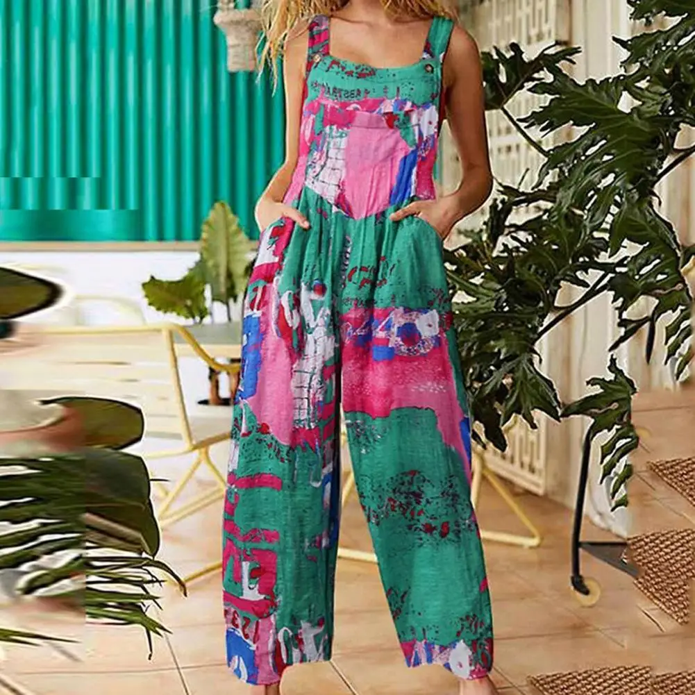 

Thin Trendy Bohemia Patchwork Print Loose Romper Wide Leg Women Jumpsuit Shoulder Straps for Travel