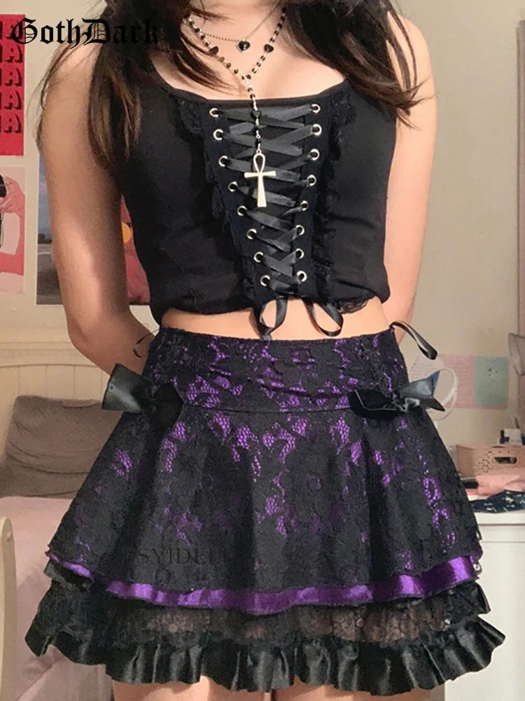 

Goth Dark Harajuku Cute Mall Gothic Women Mini Skirts Grunge E-girl Lace Patchwork Ruffles Skirt Bow Up High Waist Sexy Clubwear