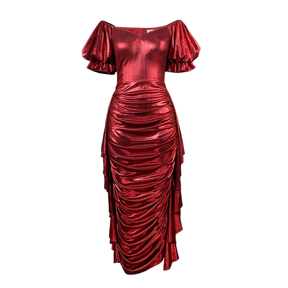 Plus Size Women's Dresses Sexy Shiny V-neck Party Dress 2022 Lustrous Ruffle Puffed Sleeves Elegant Dress Lady Evening Dress