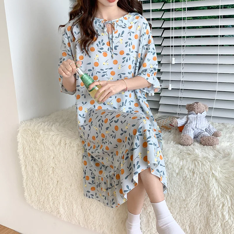 Cotton Short Sleeve Women Printing Nightgown Sleepdress Homedress Round Neck Loose Casual Loungewear Camicia Notte Donna Sexy