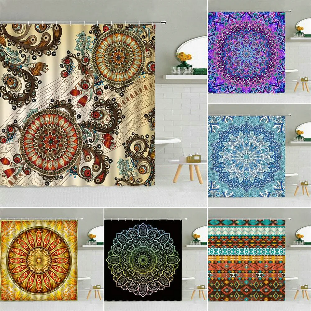 

Indian Bohemian Style Shower Curtain Set Feather Mandala Flower Bathroom Home Bathtub Decor Waterproof Fabric Hanging Curtains