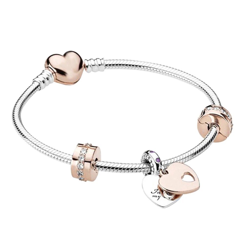 

S925 Heart Pendant Contrasting Color Snake Bracelet Fit for Pandora Original Styling Link Making Fashion Jewelry for Women Gifts