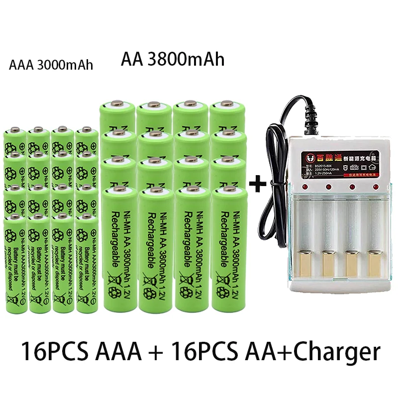 

100% Original 1.2V AA3800mAh+AAA3000mAh Rechargeable battery NI-MH 1.2V battery for Clocks mice computers toys so on+Charger