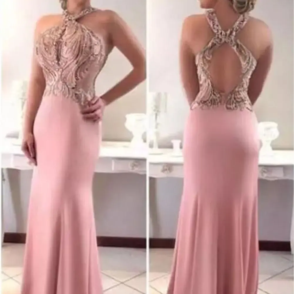 

Sexy Pink Mermaid Prom Dresses Halter Keyhole Crystal Beaded Sleeveless Long Evening Dress Hollow Back Dubai Robe de soiree