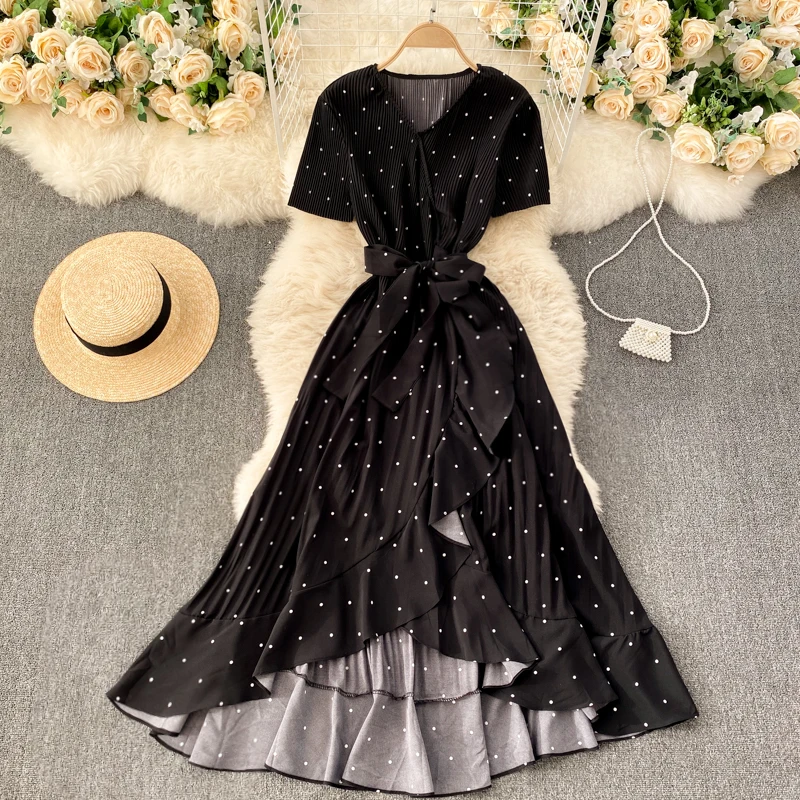 

Black/White/Red Polka Dot Irregular Pleated Long Dress Women Vintage V-Neck Short Sleeve Ruffle Vestidos Spring Summer 2022 New