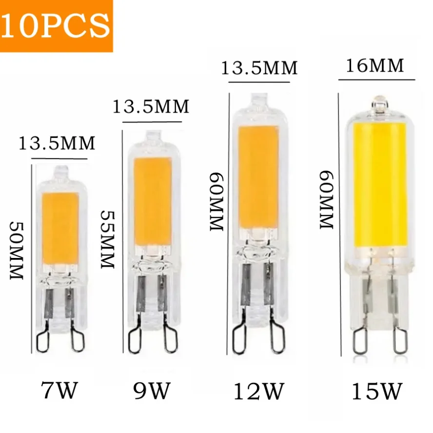 

10 шт. G9 супер яркая светодиодная лампа 7 Вт 9 Вт 12 Вт 15 Вт переменного тока 220 В/110 В стеклянная лампа постоянной мощности светодиодное освещение лампы COB оптом