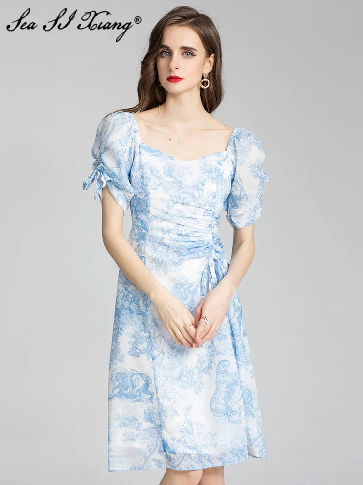 

Seasixiang Fashion Designer Summer Dress Women Square Collar Short Sleeve Flower Print Vintage Party Dresses