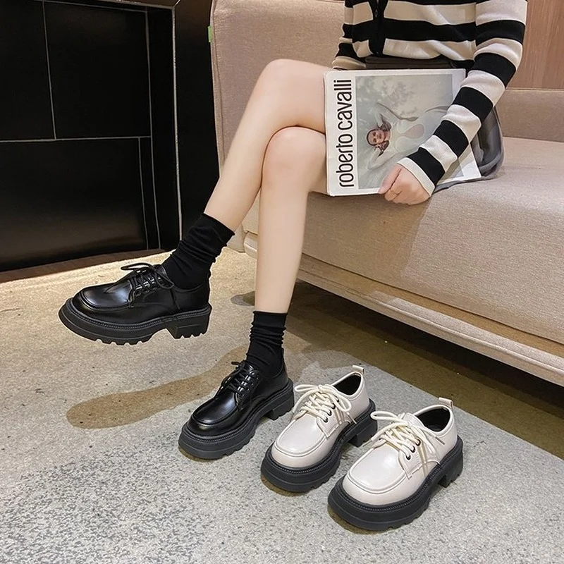 

2022 spring new British style thick-soled loafers women's small leather shoes black retro shoes increased leather shoes