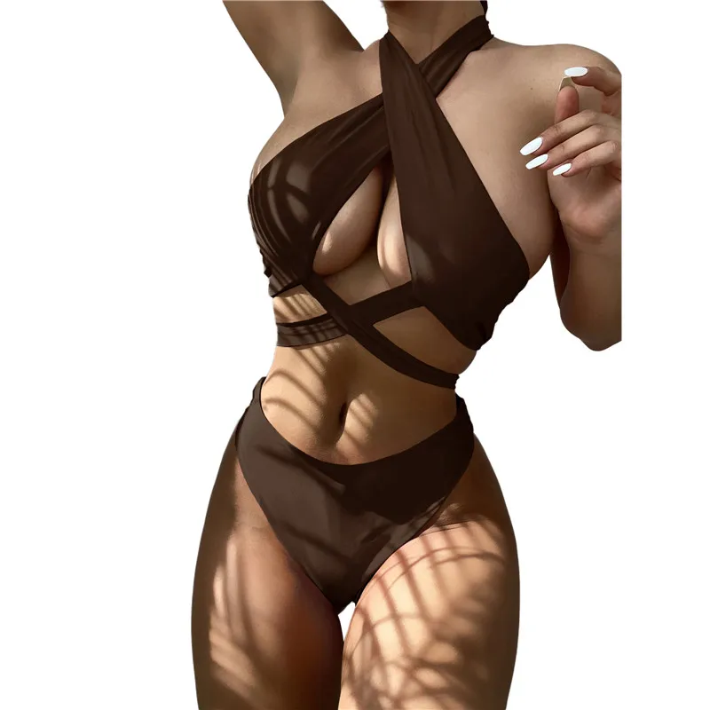 Женское сексуальное бикини с лямкой на шее 2022 модные однотонные черные красные