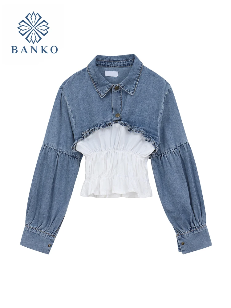 Autumn Puff Sleeve Denim Blouse Women Patchwork Vintage Turn Down Collar Slim Ladies Short Blouse Shirts Female Crop Tops Blusas