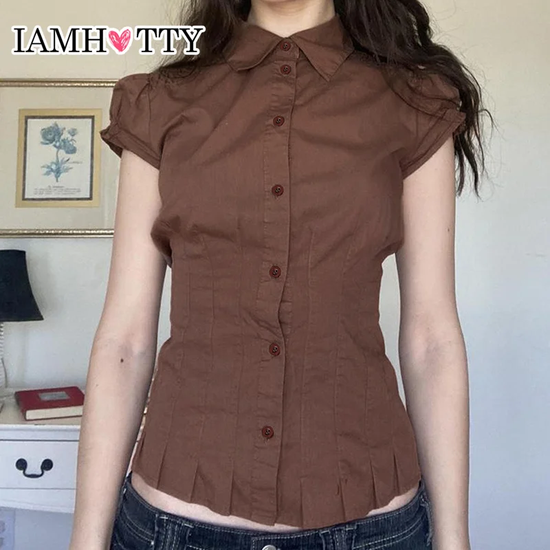 IAMHOTTY Женская Рубашка Plissé Со Плиссированным Подолом Коричневая Приталенная