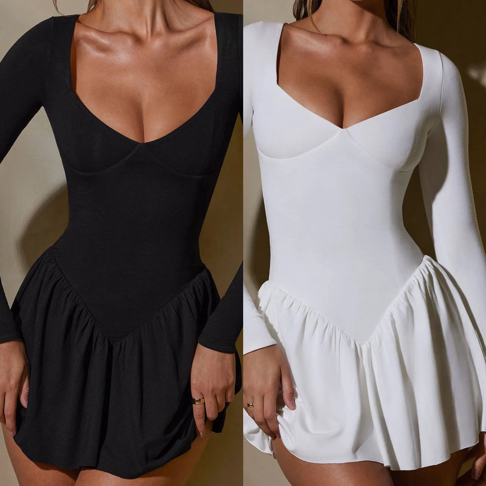 

Women Elegant Short Dress Solid Color Ladies Long Sleeve Dress Slim Fit Sexy Style Pleated Ruffle Patchwork Vacation Outfit