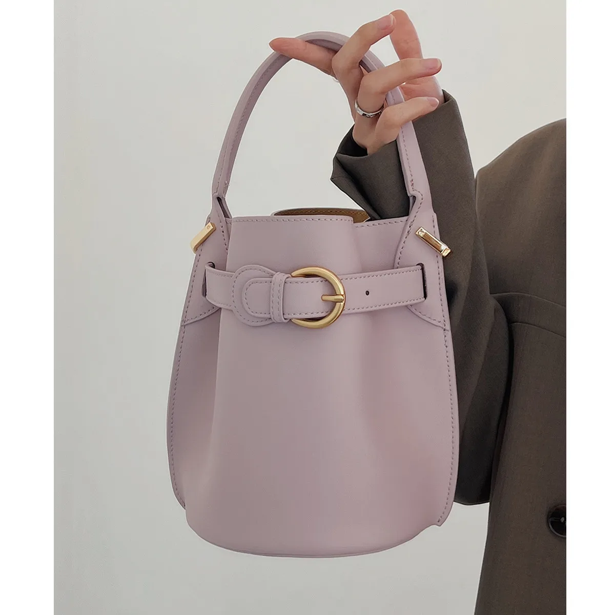 Split Leather Bucket Bags Women Shoulder Crossbody String Closure Small Commuter Leisure Handbag