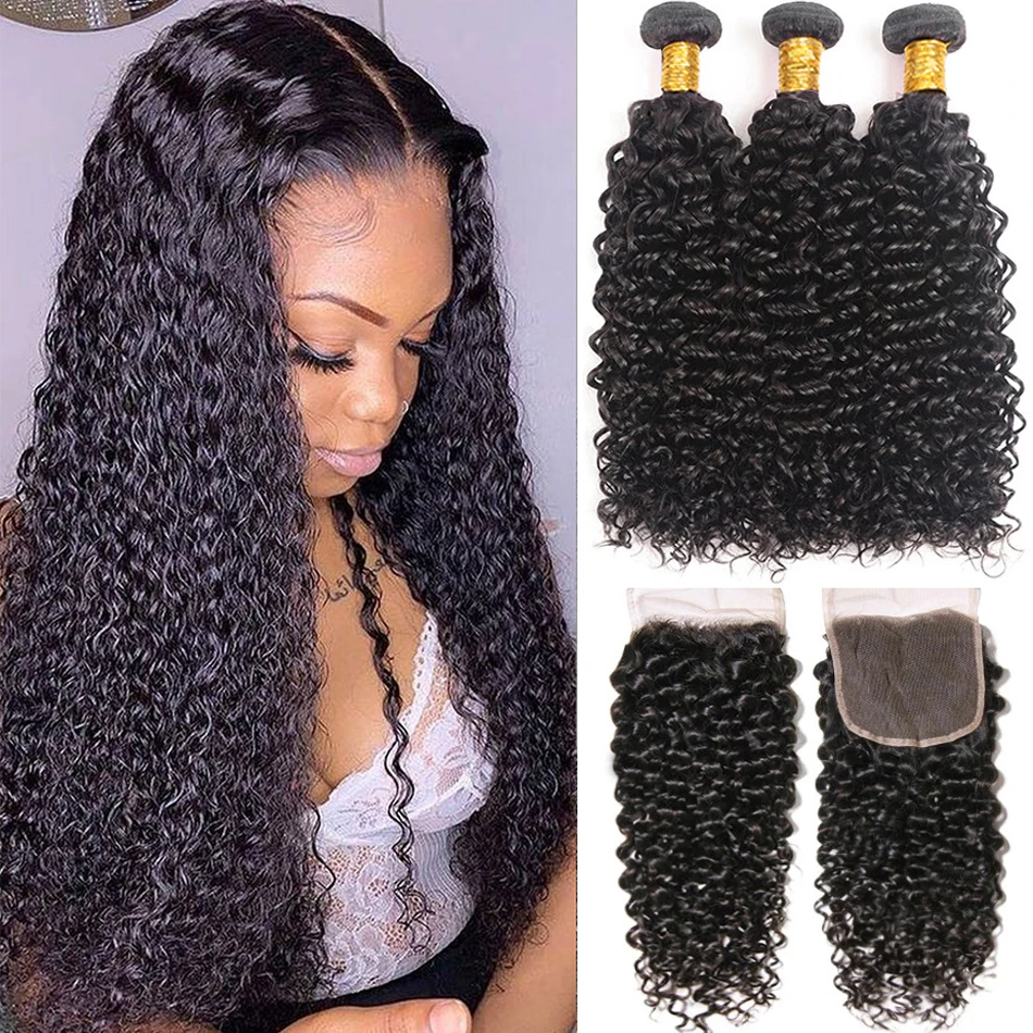 

12A Kinky Curly Bundles With Closure 100% Unprocessed 3Bundle Jerry Curl Human Hair With Lace Closure Bresilienne Cheveux Humain