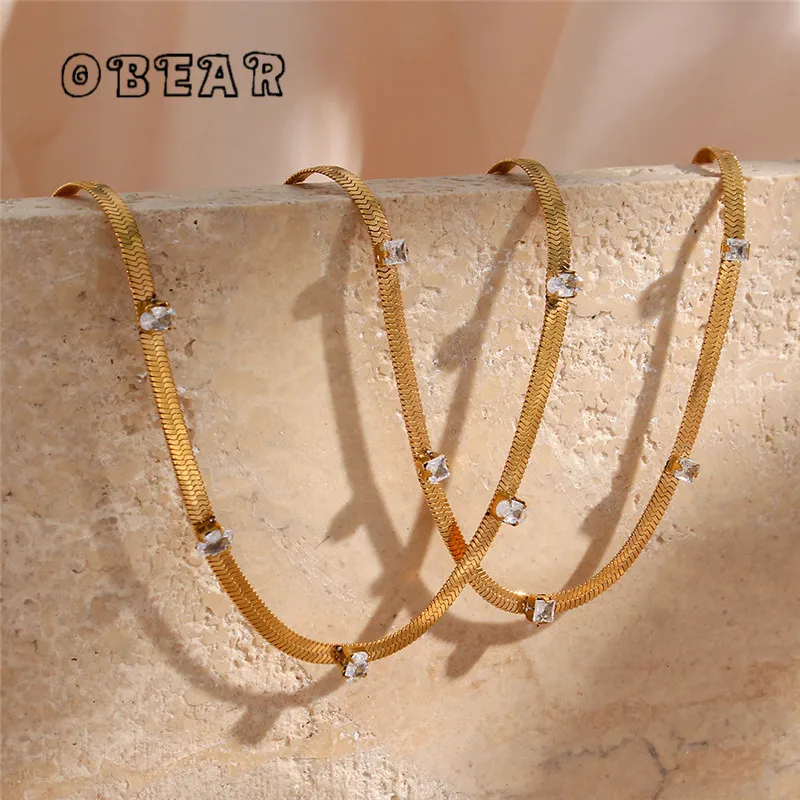

Stainless Steel Clear Zircon Blade Chain Necklace for Women Plated 18K Gold Fine Jewelry Gift