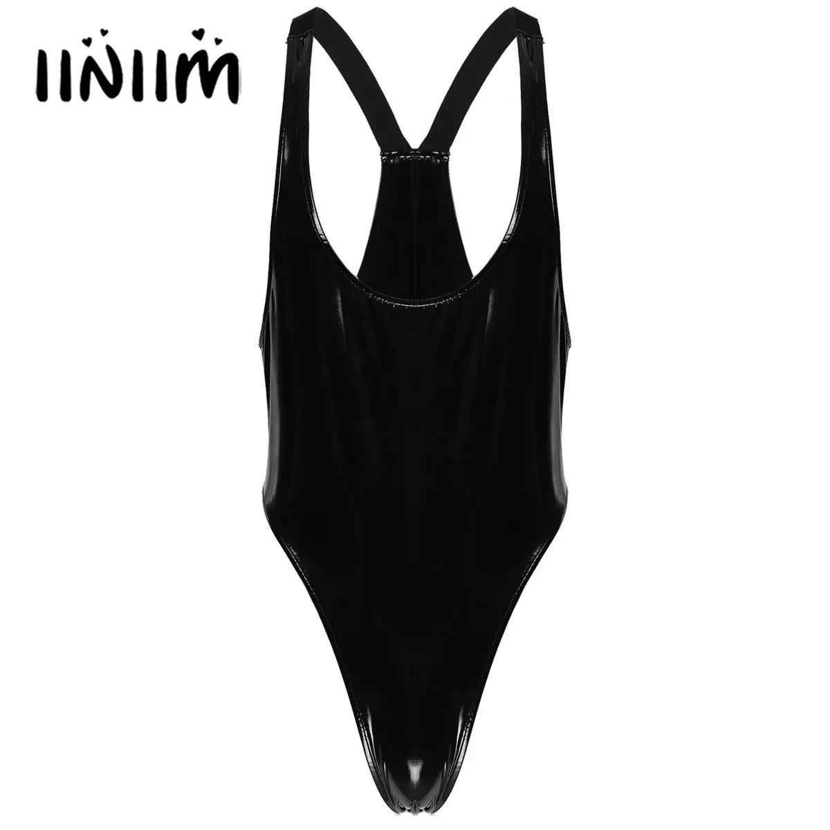 

Men U Neck Shiny Patent Leather Bodysuit Underwear Black Clubwear Costume Sexy Bulge Pouch Jumpsuit Sleeveless Leotard Catsuit