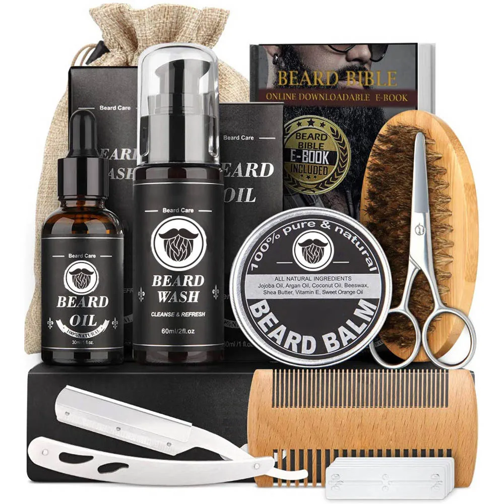 

8PCS Beard Growth Kit Beard Hair Enhancer Growth Thickening Activator Serum Beard Oil Beard Balm Bamboo Brush Comb Beard Care
