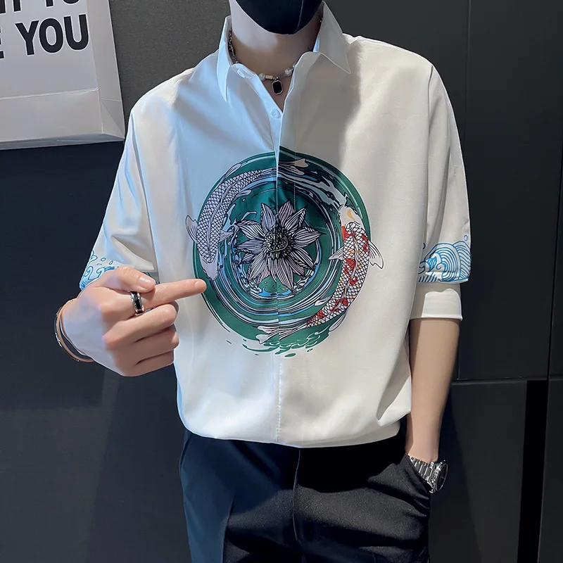 Summer Vintage Print Men Pullover Shirts Men Half Sleeve Loose Casual Shirt Streetwear Social Party Tuxedo Blouse Men Clothing