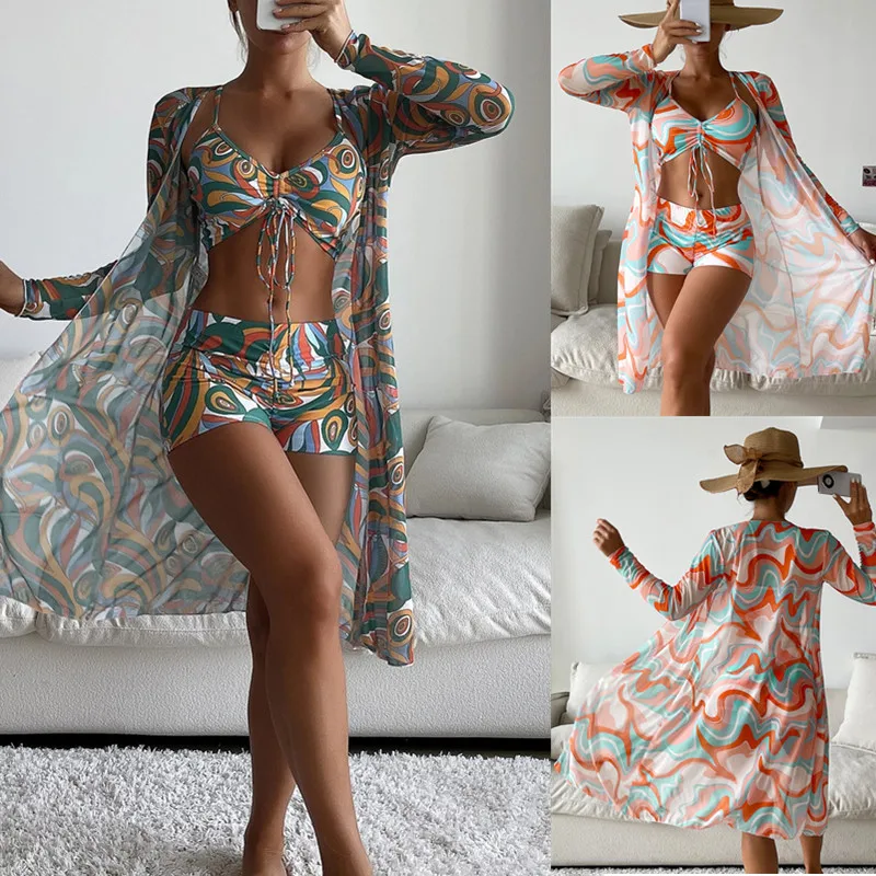 

Женские бикини с высокой талией, комплект бикини из 3 предметов, накидка, купальник с цветочным принтом и длинным рукавом, пляжная одежда с пуш-ап, купальный костюм