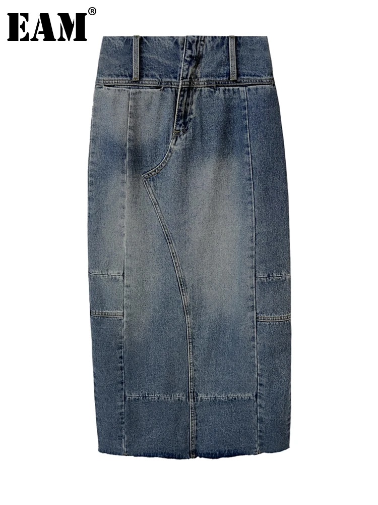 

[EAM] High Waist Blue Denim Hem Slit Color-block Vintage Half-body Skirt Women Fashion Tide New Spring Autumn 2023 1DF0156
