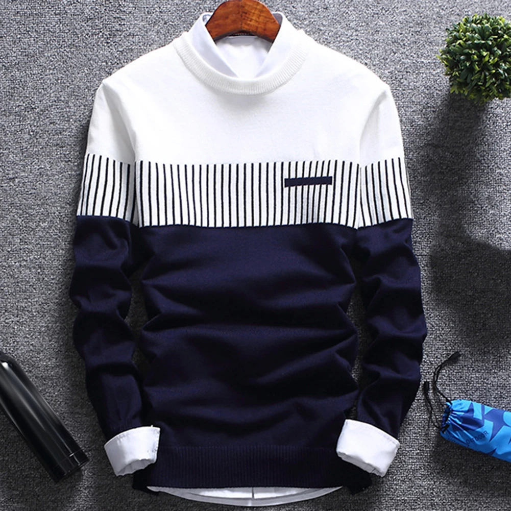 Fashion Men Color Block Patchwork O Neck Long Sleeve Knitted Sweater Top Blouse