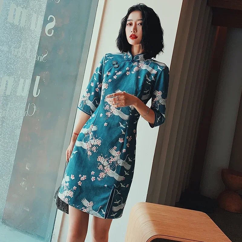 Китайское платье-Ципао с принтом журавлей традиционное китайское платье осенняя