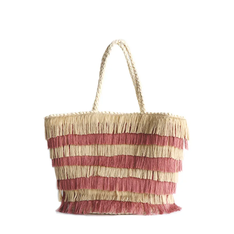 

Bohemian Tassel Large Straw Basket Bag Designer Wicker Woven Women Handbag Summer Beach Rattan Shoulder Bags Big Tote Bucket Bag