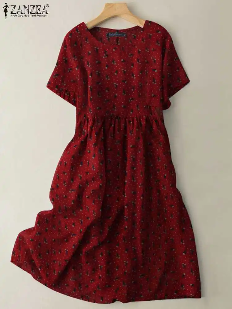 

Women Summer Printed Dresses Bohemian Casual Loose O Neck Vestidos ZANZEA Short Sleeve Pleated A Line Sundress Party Midi Robe