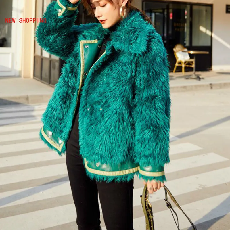 Vintage streetwear Green Faux Fur Coat Women Thick Lamb Fur Overcoat Lapel Motorcycle Jacket Ladies Fluffy Coats Winter Fashion