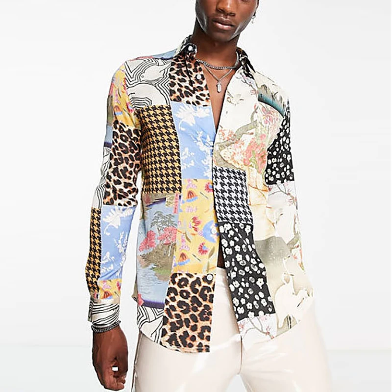 

Кардиган-поло мужской с цветочным принтом, модная облегающая Уличная Повседневная футболка с длинным рукавом, однобортная рубашка-поло с о...