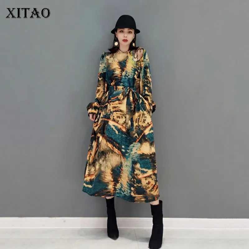 

XITAO/повседневное платье с принтом; Ажурное платье с длинными рукавами и круглым вырезом; Пуловер с повязкой в винтажном стиле для женщин; Нов...