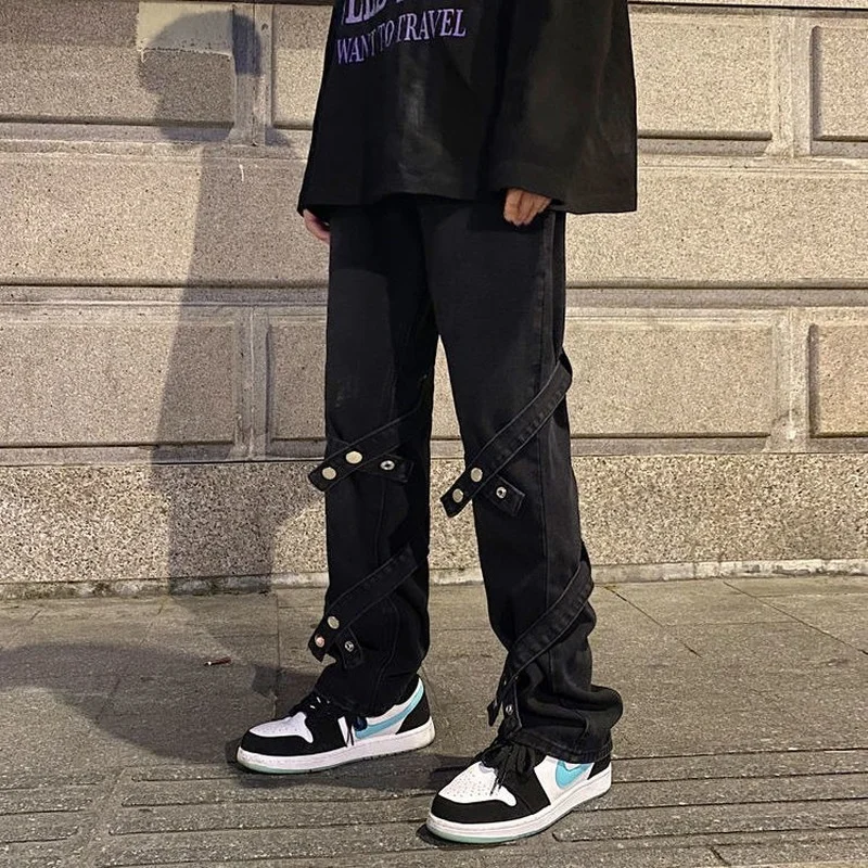 Men's Streetwear Fashion Gothic Trousers Male Goth Denim Pants Patchwork Low Rise Waist Jean Hip Hop Ribbons Jeans Alt Clothes