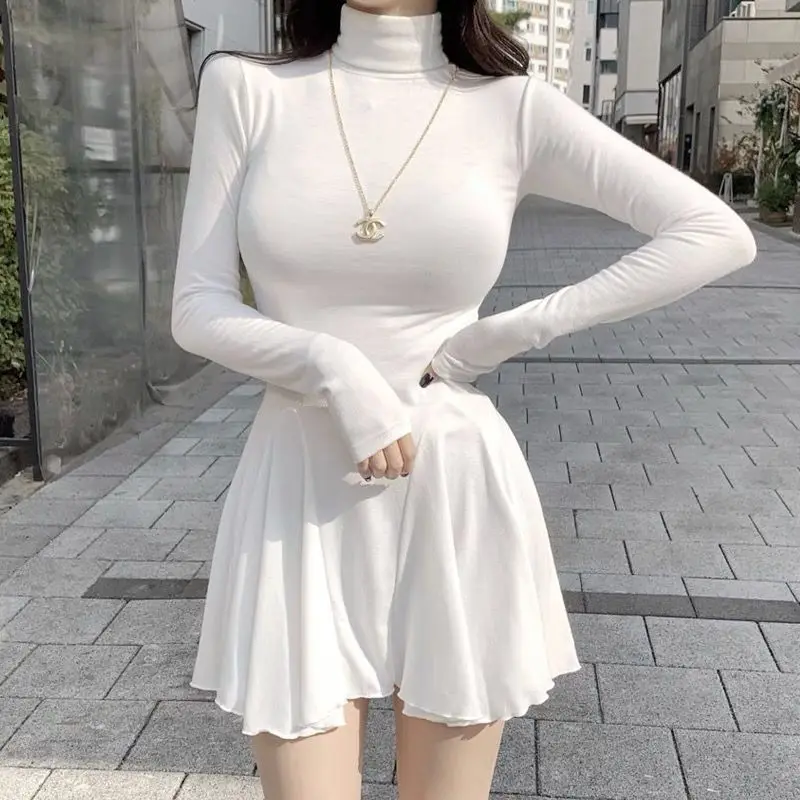 

Korean Fashion 원피스 New Year White Dress Slim Turtleneck Dresses Autumn Winter 2023 Mujer Vestidos De Fiesta Long Sleeve Dresses