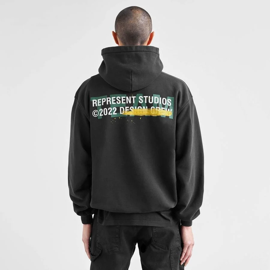 

22SS New Men Women Top Quality Wash Black Represent Hoodie Hooded Sweatshirts Pullovers Washed Black Terry Foam Print Hoodie