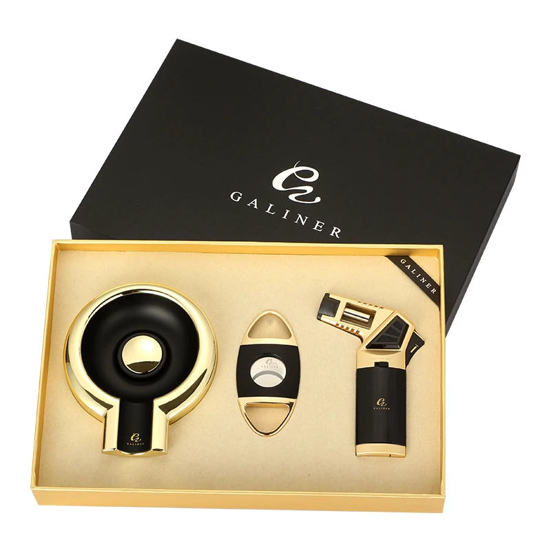 

GALINER Luxury Cigar Ashtray Metal Lighter With Punch Cigar Cutter Guillotine Portable Butane Gas Torch 1 Jet Lighter