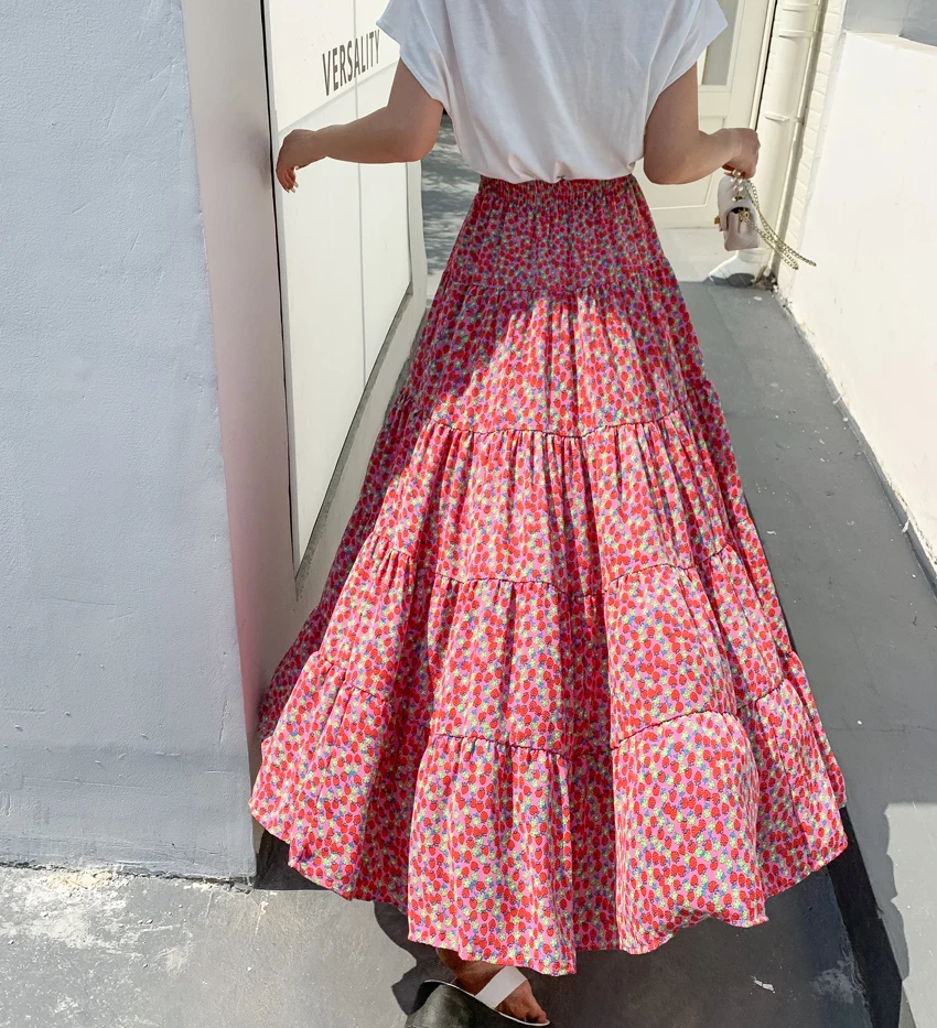 

New Spring Summer Women High Waist Slim Long Skirt High Quality Fashion Patchwork Big Hem Sweet Strawberry Floral Chiffon Skirt