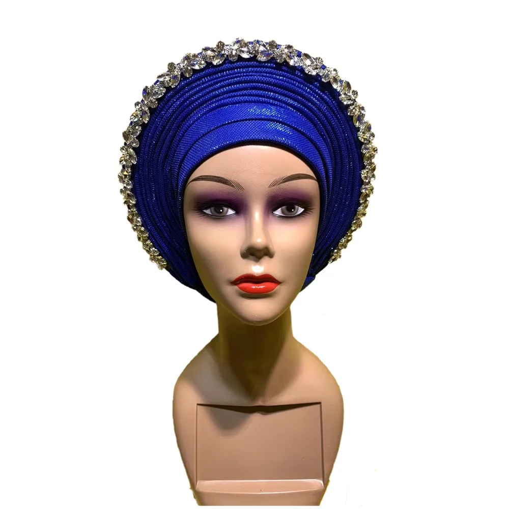 Gorros Hijab africanos azules con diamantes, ya hechos Aso Oke Gele, turbante para la cabeza, XM424-1 para mujer