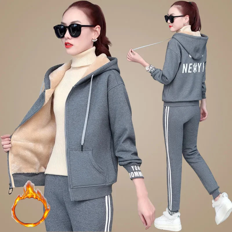 

Уличная одежда женский спортивный костюм с плюшевой подкладкой теплый облегающий пиджак на молнии с капюшоном с надписью костюм для бега ж...