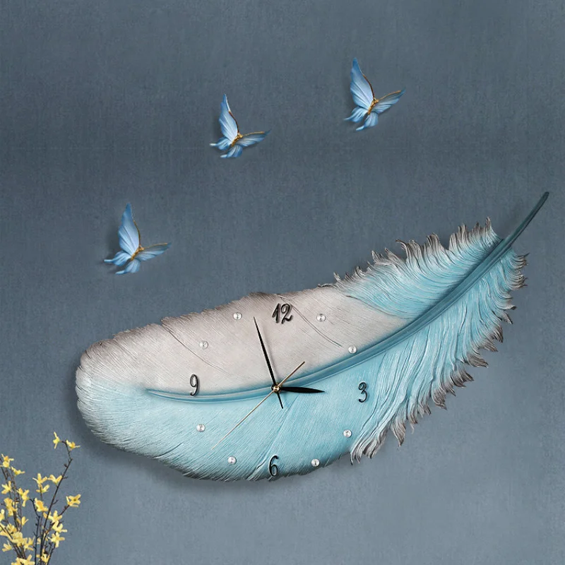 

Часы с перьями в скандинавском стиле, 3D современные декоративные тихие синие часы для гостиной, украшение для дома