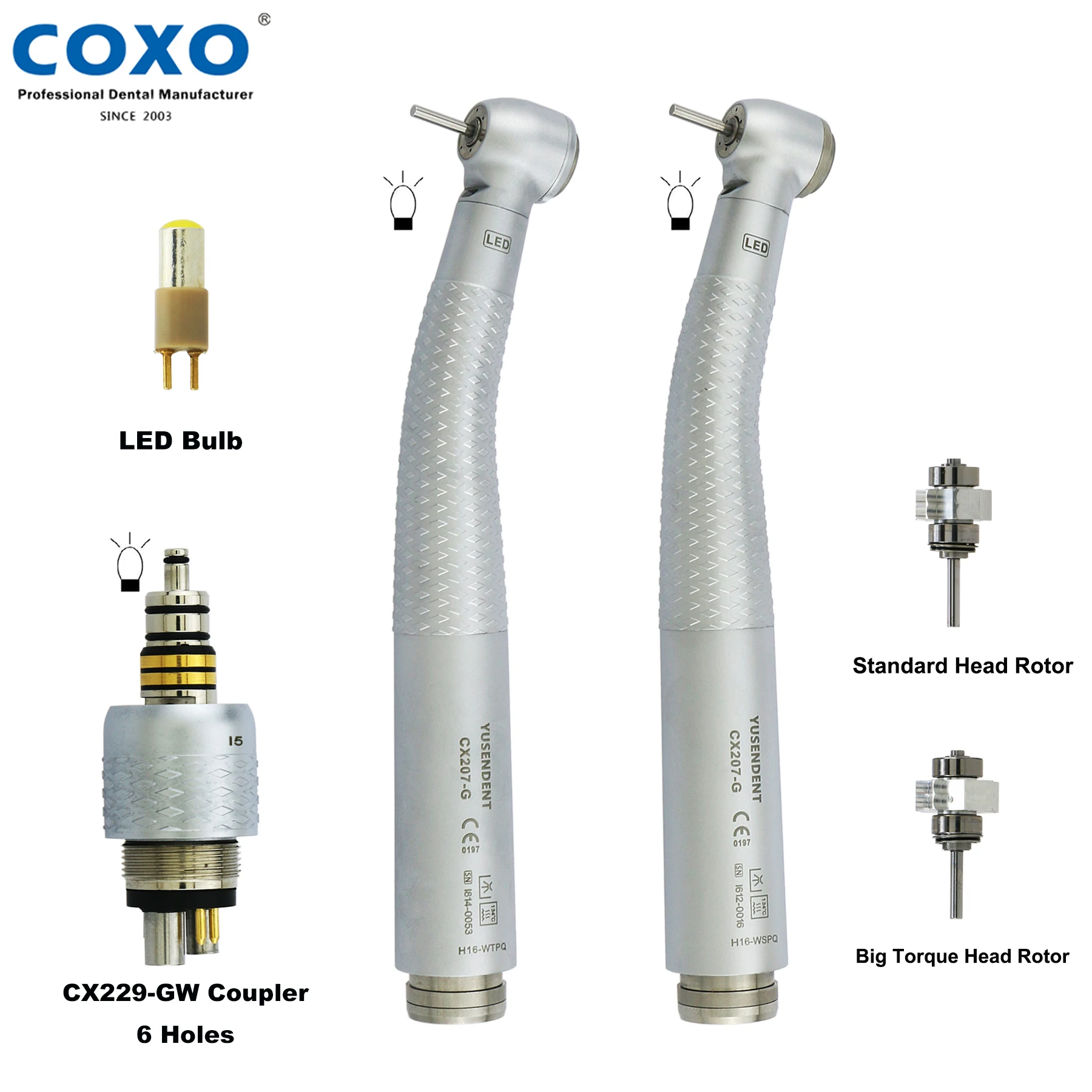 COXO Dental LED Fiber Optic High Speed Handpiece Air Turbine Standard/Torque Head Handpiece Fit W-H RQ Coupling 6 Pin