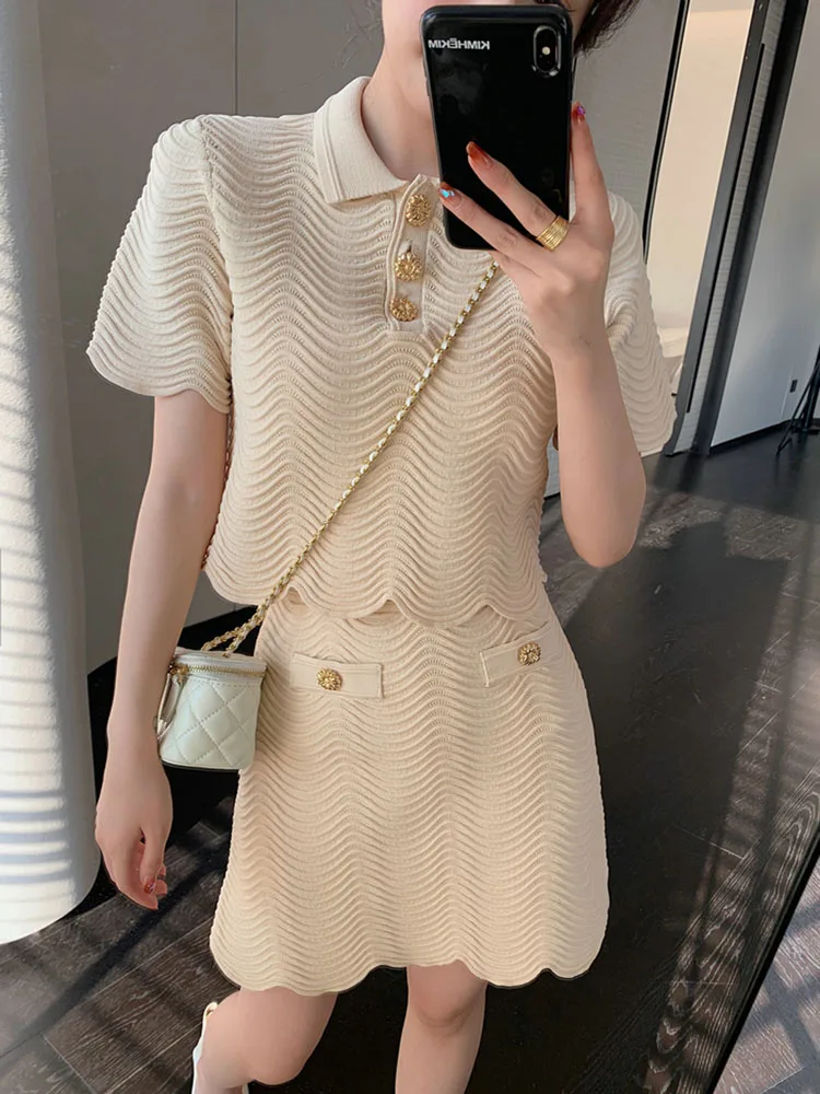 

Женский винтажный комплект из двух предметов, трикотажный топ с отложным воротником и коротким рукавом и юбка-трапеция мини, повседневный элегантный наряд, Новинка лета 2023