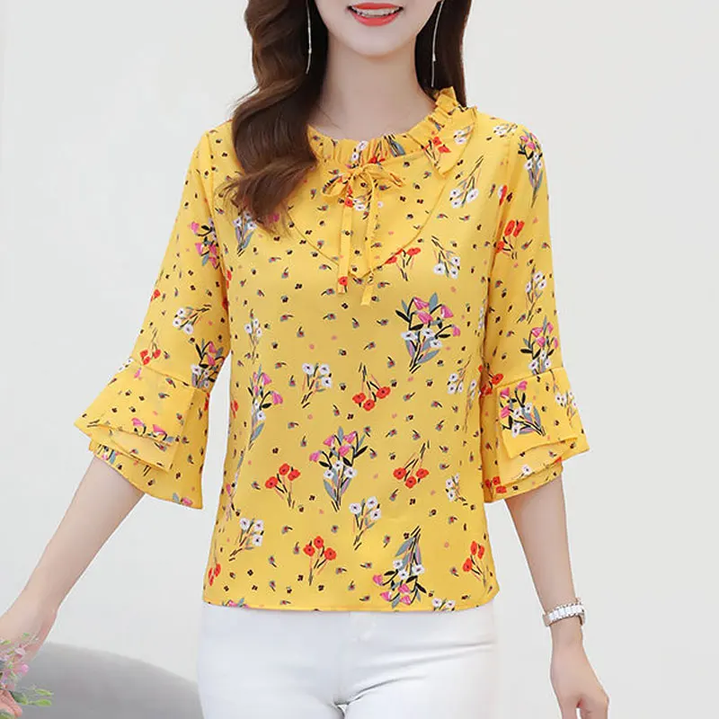 

Fashion Broken Flower Printed Blouse Women's Clothing Ruffles Spliced Summer New Casual Half Sleeve Commute Drawstring Bow Shirt