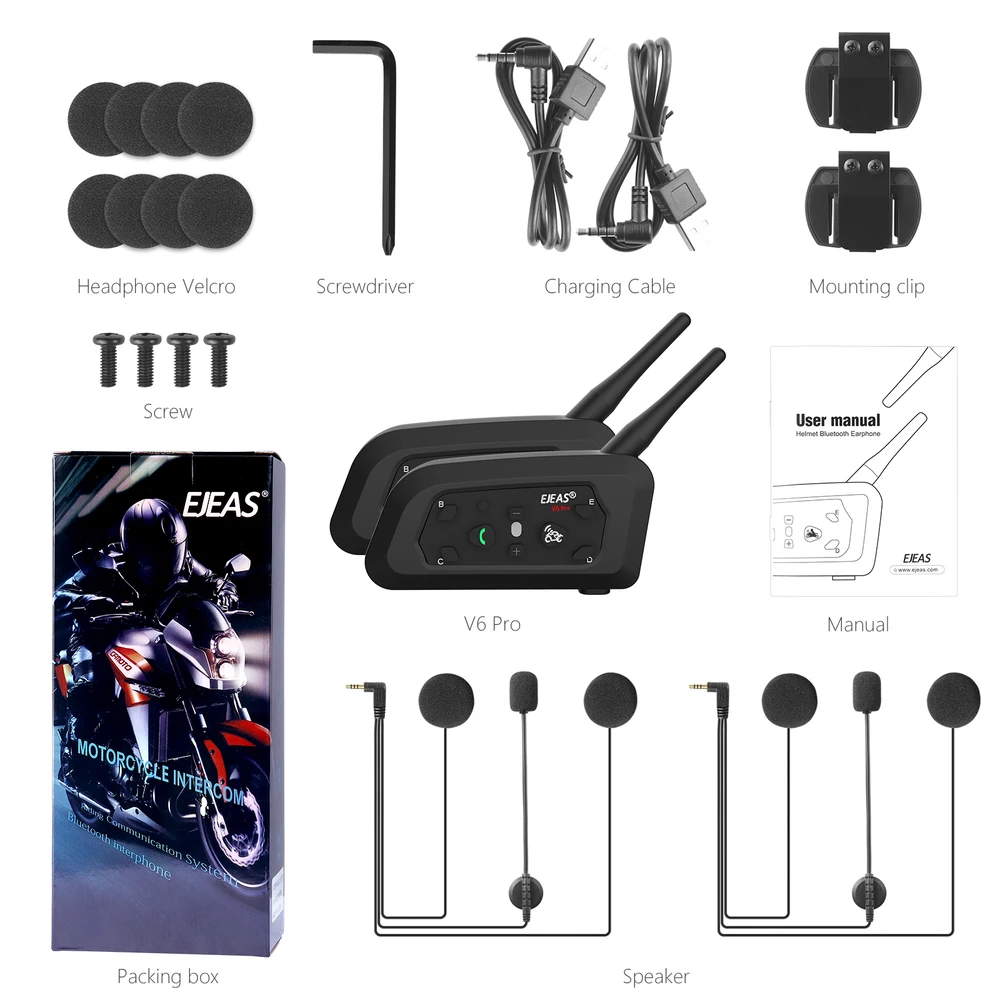EJEAS V6 Pro 6 Riders Motorcycle Helmet Intercom Bluetooth Headset Full Duplex Communicator with FM Radio Referee Ski Waterproof images - 6