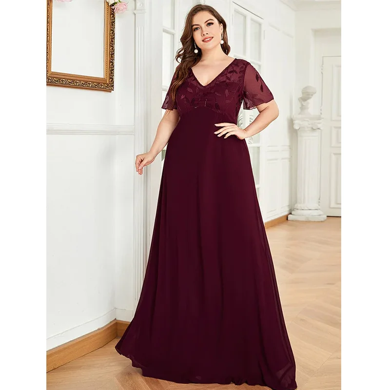 2023 Plus Size 4XL5XL Chiffon Wine Red Banquet Party Dress Plus Size V Neck Short Sleeves Maxi Chiffon Dresses